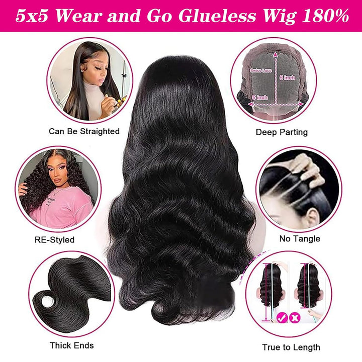 22 Inch Black Wavy Human Hair Wig - Wear and Go Glueless Wig with 5X5 HD Lace Closure - Pre Plucked, Pre Cut Body Wave - Wigs for Black Women