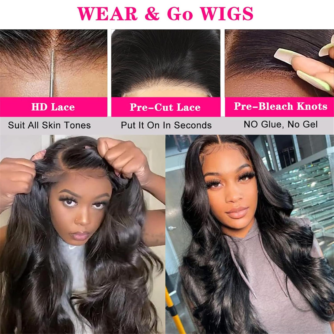 22 Inch Black Wavy Human Hair Wig - Wear and Go Glueless Wig with 5X5 HD Lace Closure - Pre Plucked, Pre Cut Body Wave - Wigs for Black Women